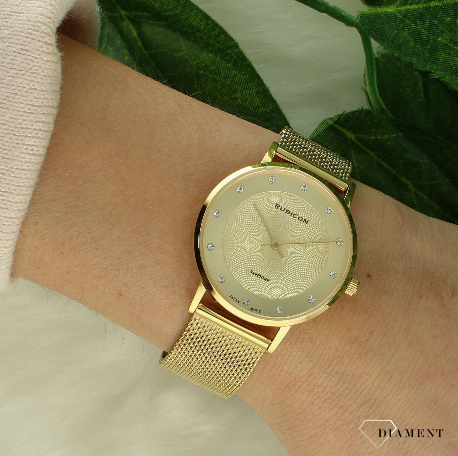 Zegarek damski Rubicon złoty z szafirowym szkłem RNBD88 cyrkonie.jpg